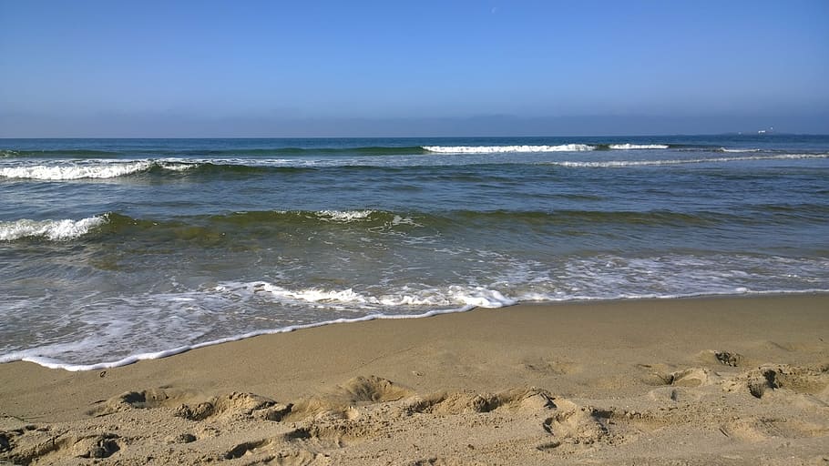 beach, waves, sea, land, water, motion, sand, sky, surfing HD wallpaper