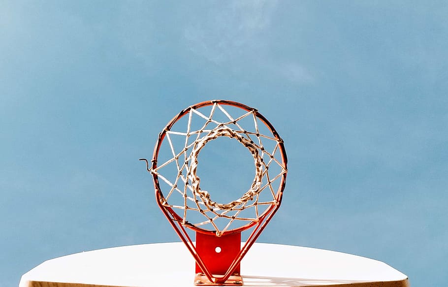 red and white basketball hoop low angle photography, low angle photography of red basketball hoop HD wallpaper