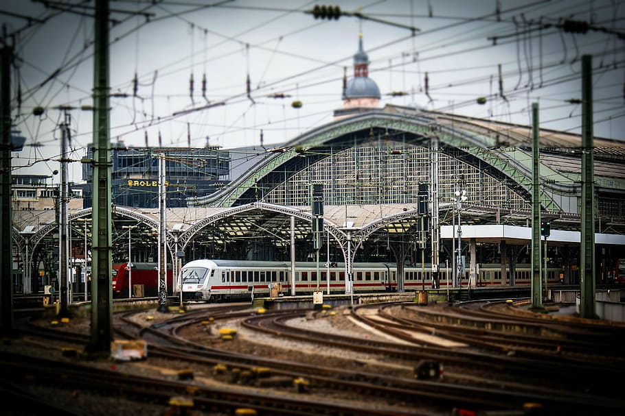 railway station, cologne, train, ice, seemed, catenary, steel structure, HD wallpaper
