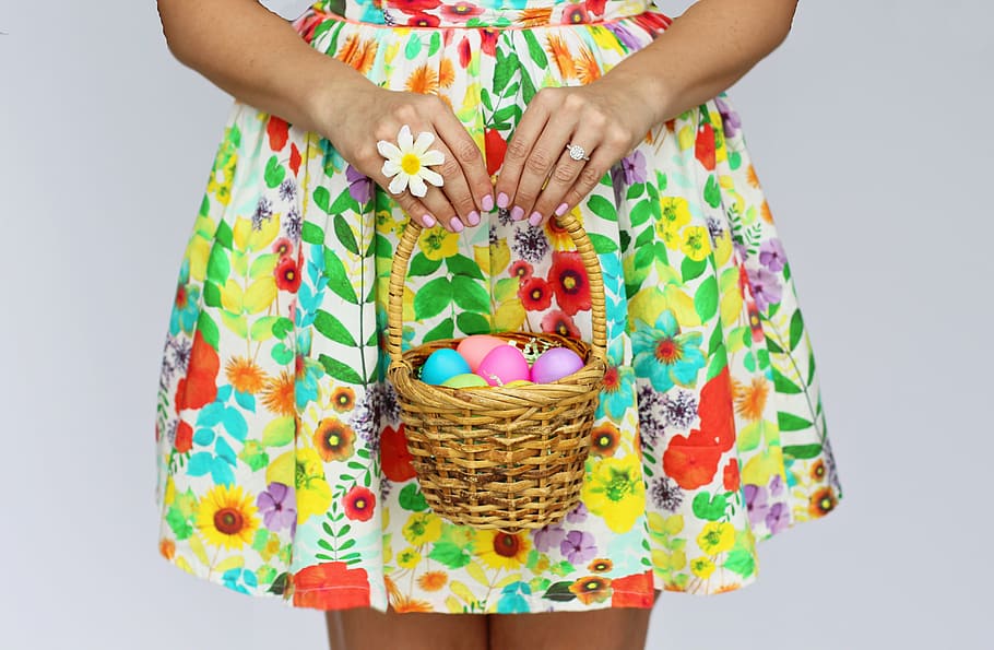 person holding brown wicker basket, easter, easter basket, easter eggs HD wallpaper