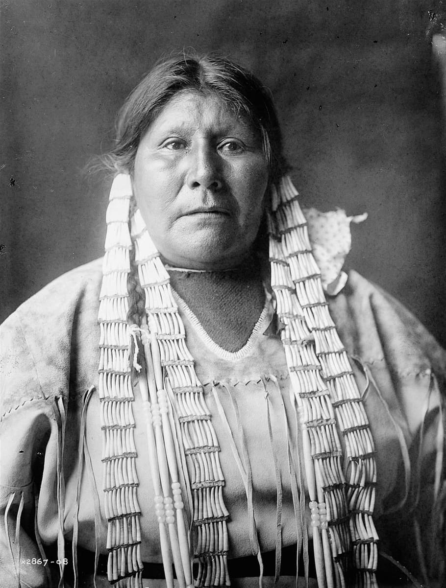 grayscale photo of woman wearing Native American attire, historical