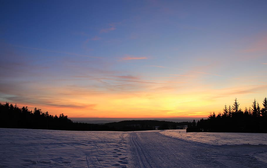 Sunset, Snow, Mountains, nature, winter, landscape, outdoors HD wallpaper