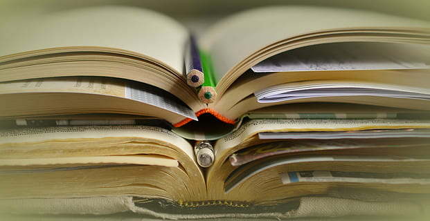 closeup photography of two purple and green color pencils on brown book HD wallpaper