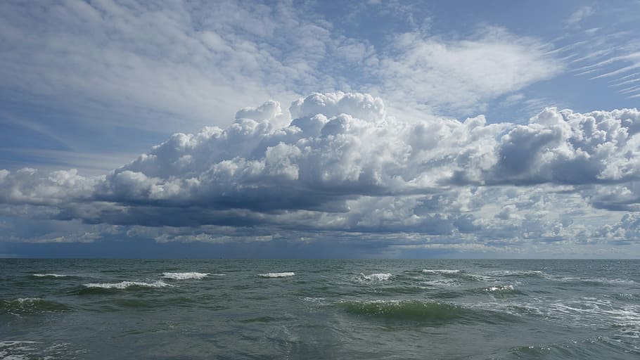 cumulus clouds, sea, wind, weather, sky, water, cloud - sky HD wallpaper