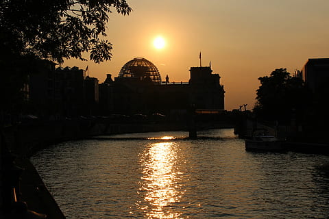 Sunset, Spree, Evening, abendstimmung, river, reichstag, berlin HD wallpaper