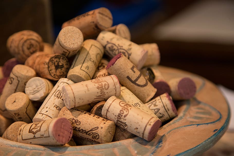 selective focus photograph of wine corks, bottle, drink, beverage