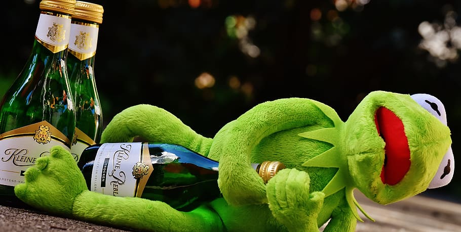 Kermit the frog plush toy hugging green and white label bottle