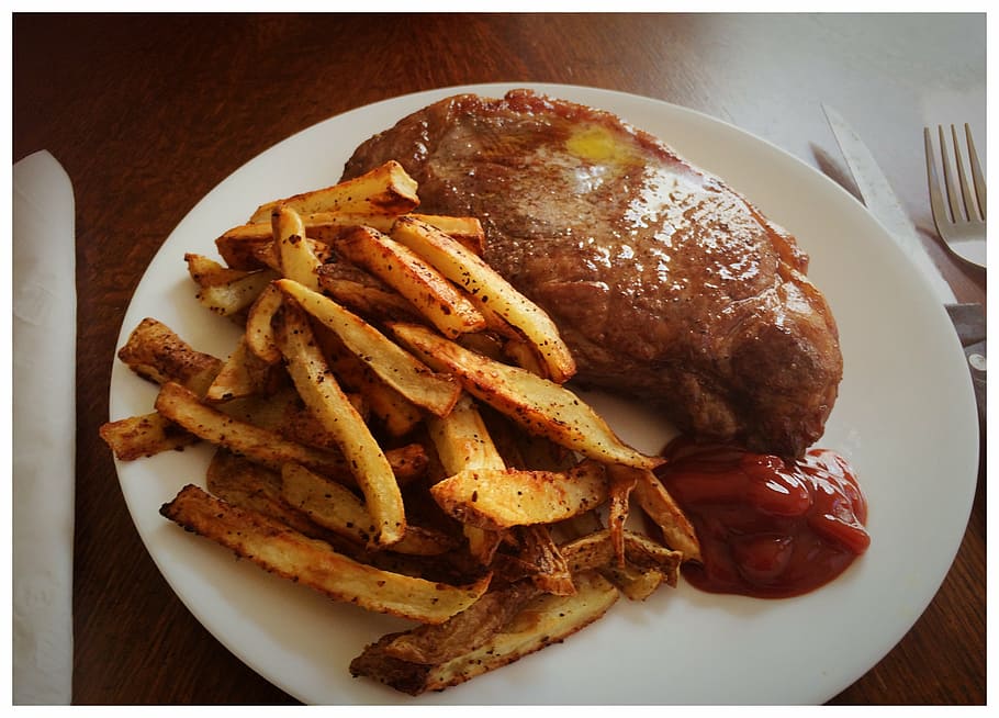 steak, dinner, steak dinner, meat, grilled, potato, food, french Fries HD wallpaper