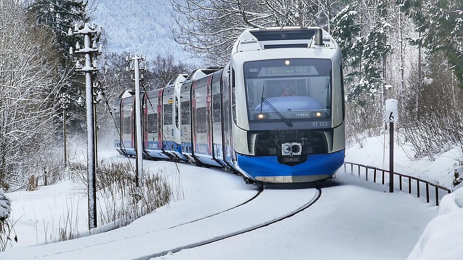 winter, snow, cold, train, transport systems train, railway HD wallpaper