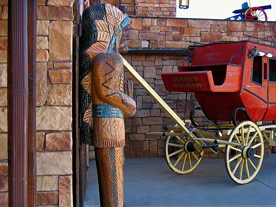 stagecoach, indians, usa, utah, wooden statue, one person, architecture, HD wallpaper