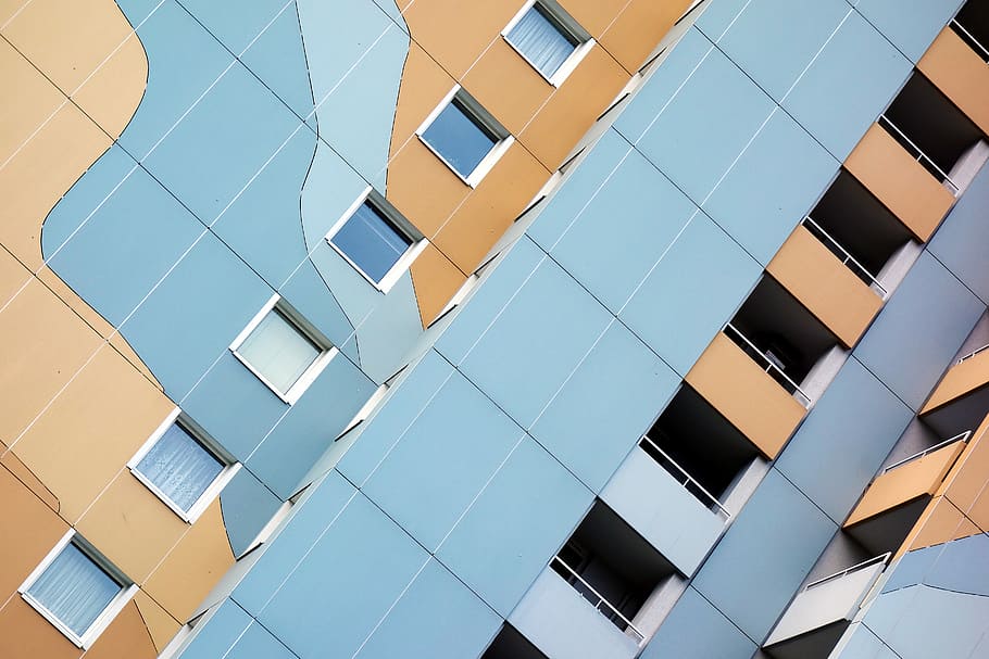 blue and brown concrete building, design, architecture, window HD wallpaper