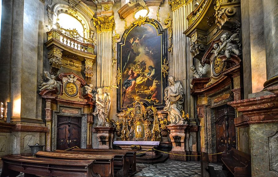 religious statue on hall, cathedral, interior, prague, czech HD wallpaper