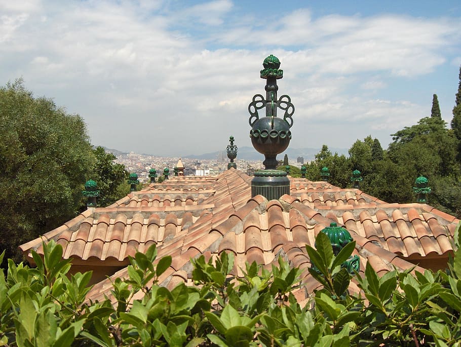 roofs, sky, tiles, clouds, architecture, plant, tree, cloud - sky HD wallpaper