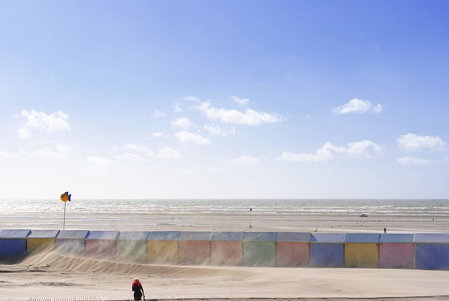 wind, france, man, sky, nature, stroll, sand, landscape, sea, HD wallpaper