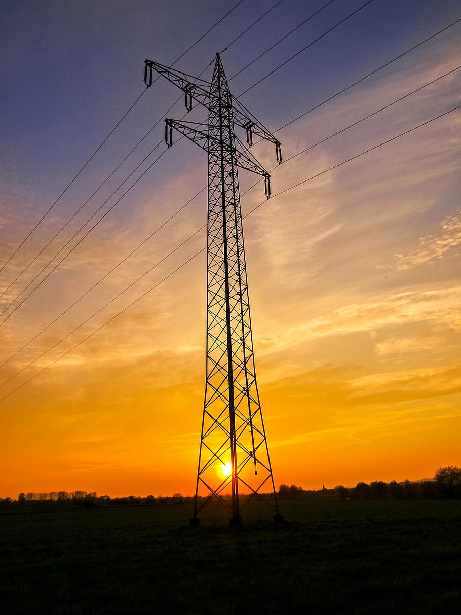 sunset, dusk, strommast, sky, technology, electricity, electricity pylon HD wallpaper
