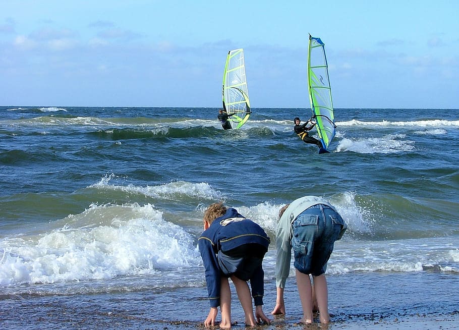 water, waves, beach, windsurfer, children, boys, stone, sea HD wallpaper