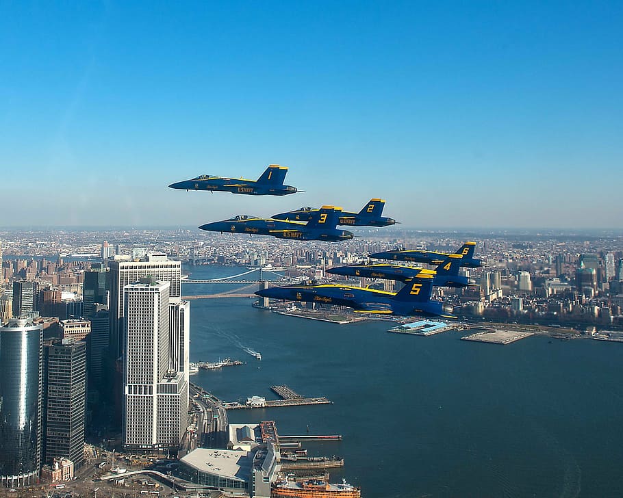 six blue-and-yellow planes on midair, blue angels, navy, precision HD wallpaper