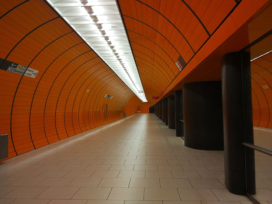 metro, station, orange, munich, corridor, the way forward, direction HD wallpaper
