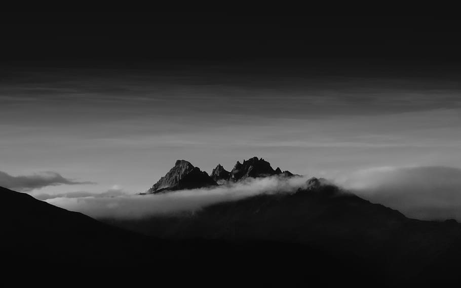 grayscale photo of mountain covered with clouds, grayscale photo of mountain HD wallpaper