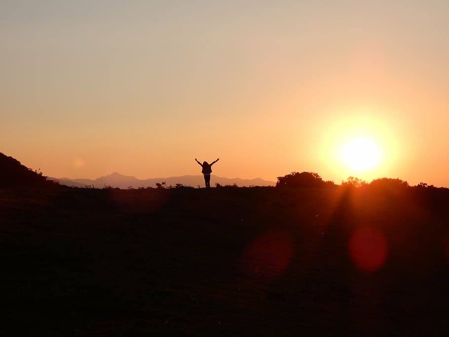 sunset, shadow, silhouette, outdoors, one person, nature, sky HD wallpaper