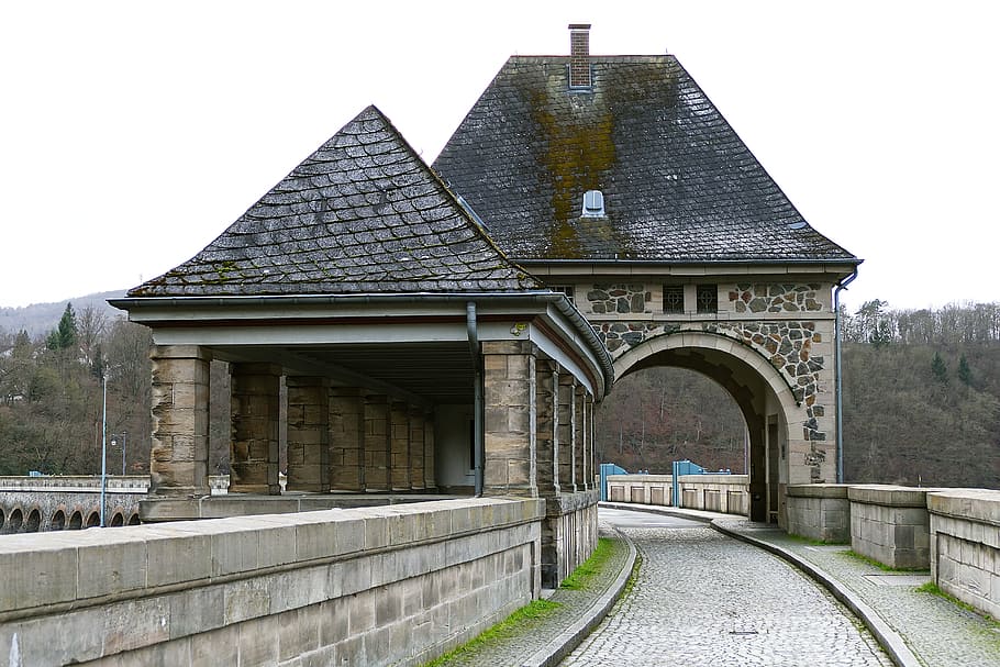 eder dam, gate building, transition, natural stone, patch, reservoir HD wallpaper