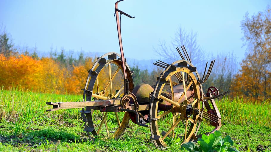 arable, field, autumn, landscape, agriculture, grass, agricultural machinery HD wallpaper