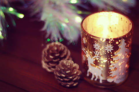 brass plated steel raindeer print tealight holder, christmas HD wallpaper