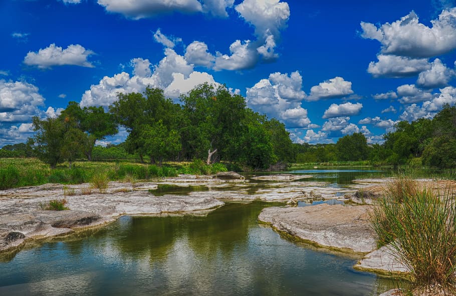 river, reflection, water, sky, landscape, blue, outdoor, scenery HD wallpaper