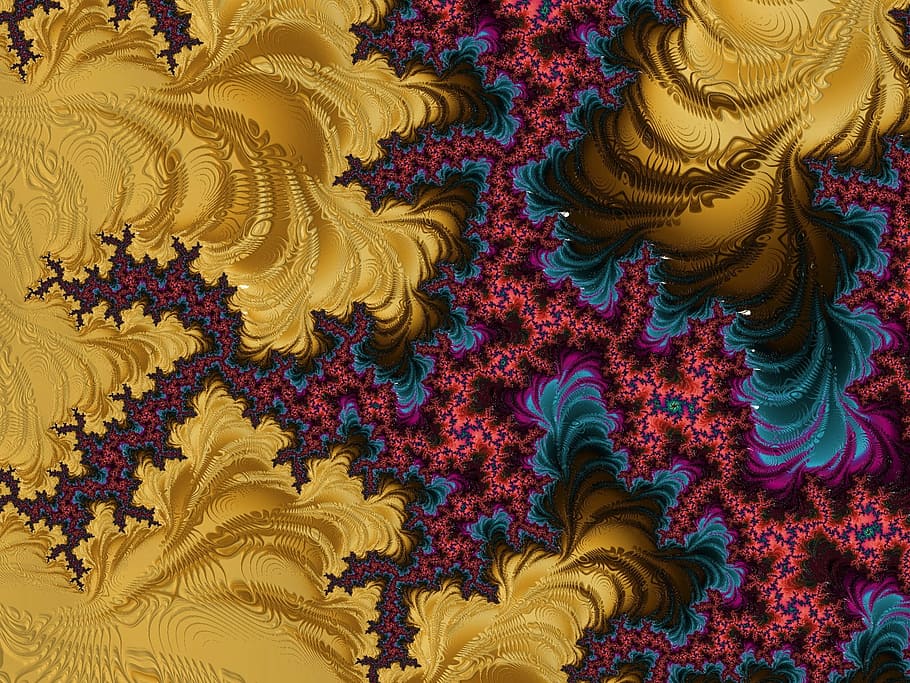 red, brown, and blue abstract painting, fractal, colors, structure HD wallpaper