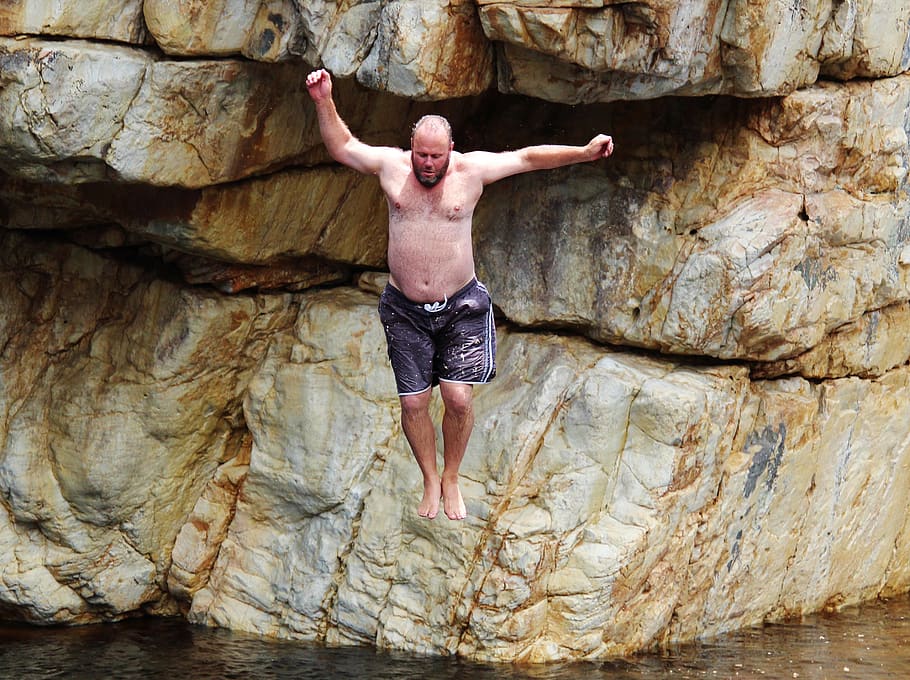 rock, jump, courageous, water, river, dared, south africa, man, HD wallpaper