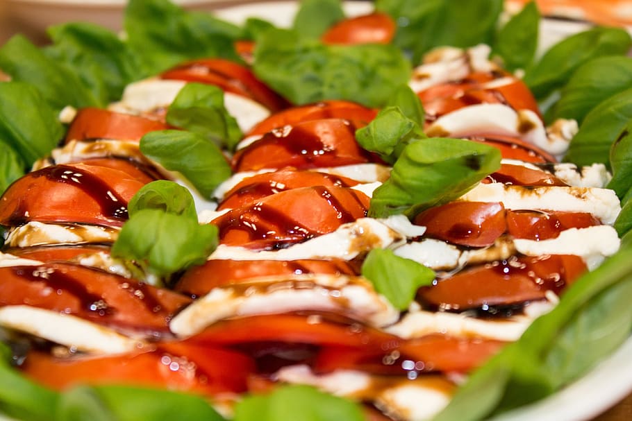 food, red, vegetables, tomatoes, mozzarella, basil, healthy HD wallpaper