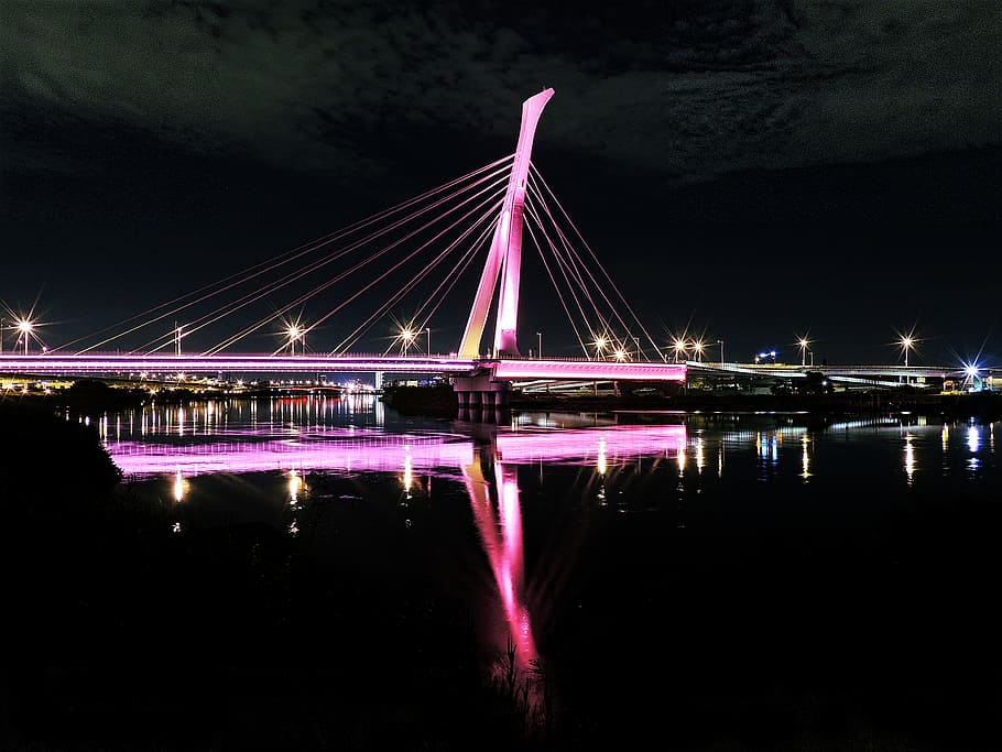 architecture, bridge, illuminated, light, river, water, public domain images HD wallpaper