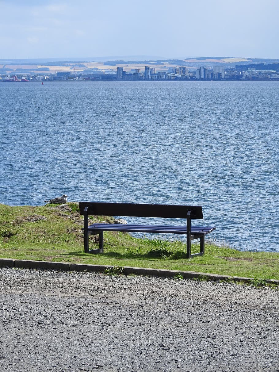 view, bench, loneliness, contemplation, rest, sea, water, empty HD wallpaper
