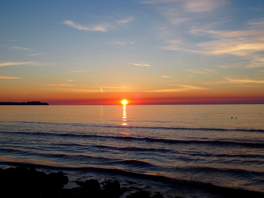 Body of Water With Orange Sun Setting during Golden Hour, beach HD wallpaper