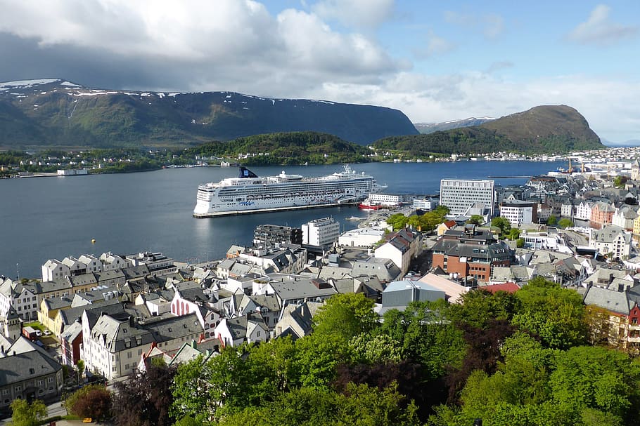 boating, cruise boat, cruising, mooring, building, fjord, norway, HD wallpaper