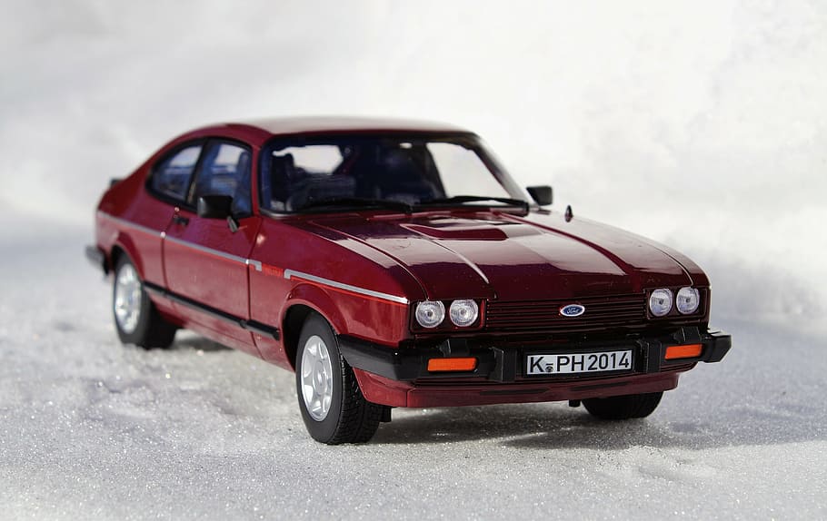 model car, ford, capri, auto, oldtimer, snow, sports car, toy car HD wallpaper
