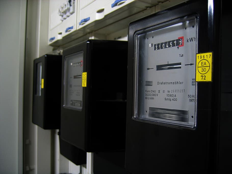 three black electricity readers, electricity meter, current HD wallpaper