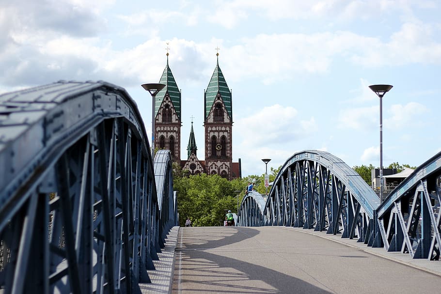 bridge, view, freiburg, blue bridge, strive, church, steeple HD wallpaper