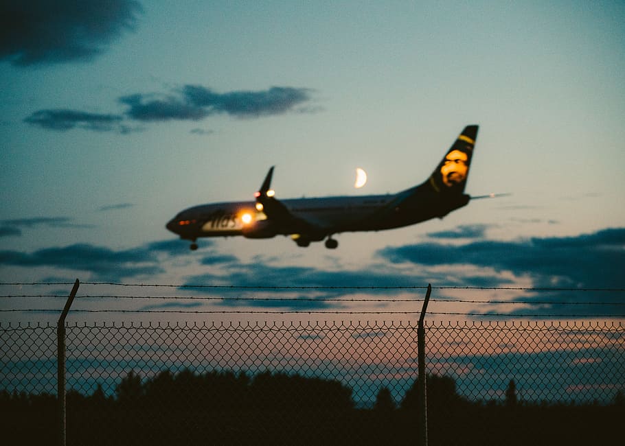 photo of black commercial airplane ready for landing during golden hour, silhouette low-angle photo of airliner HD wallpaper