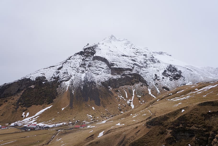 snowy mountain, brown sand under white sky, Iceland, summit, peak HD wallpaper