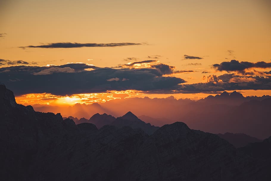 sunset, mountains, range, view, panorama, clouds, landscape HD wallpaper