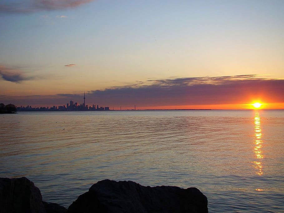 Skyline, Lake, Sun, Light, City, sunrise, toronto, building HD wallpaper