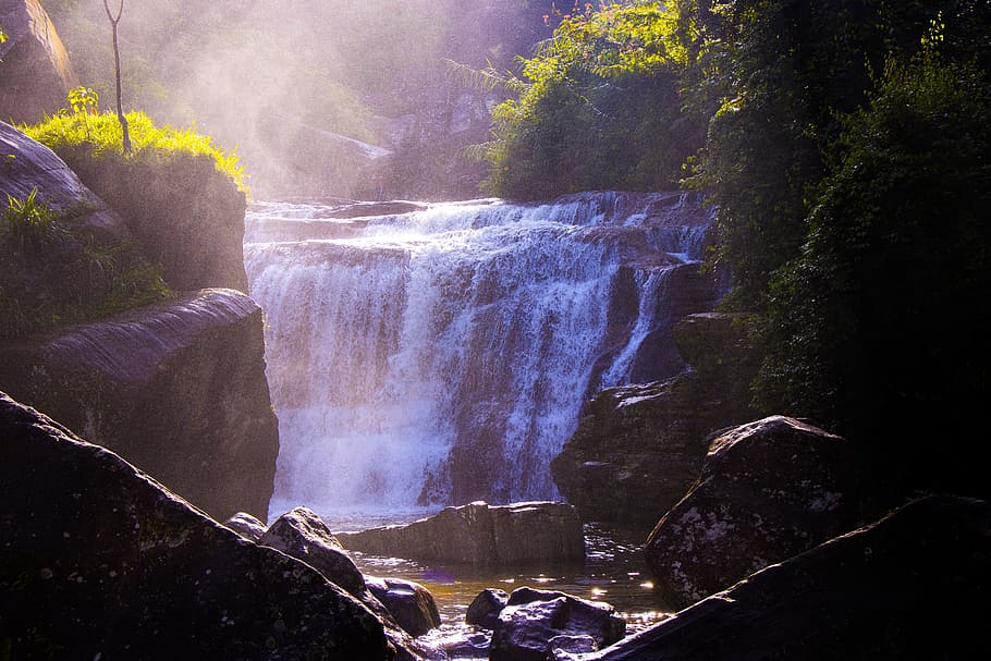 Waterfalls Surrounded by Grass and Rocks, cascade, daylight, environment HD wallpaper