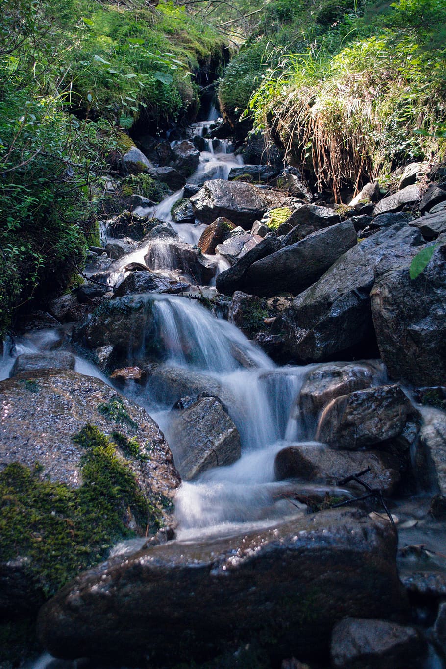 mountain, alpine, mountain stream, rock, stones, long exposure HD wallpaper