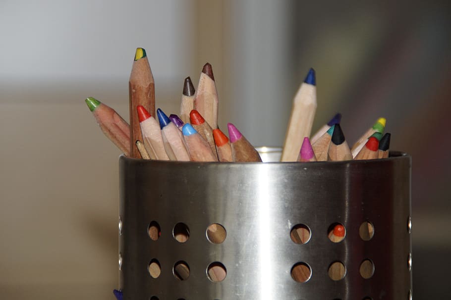 assorted-color pencils in can, pens, colored pencils, paint, quiver, HD wallpaper