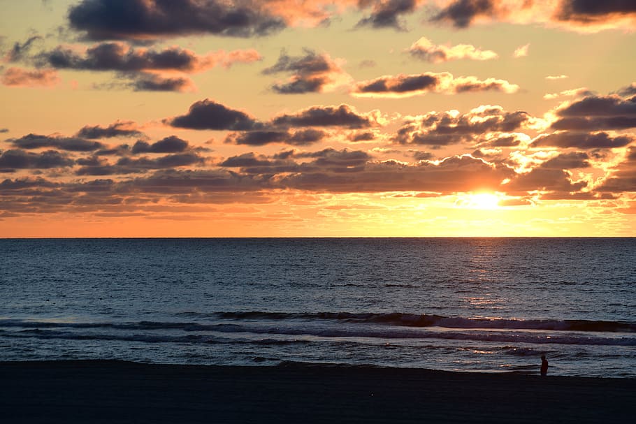 sunset, horizon, sea, evening, colorful sunset, beach, brand HD wallpaper