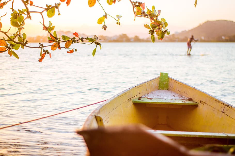 sun, boat, orange, sunset, lake, river, fish, fisherman, photography HD wallpaper
