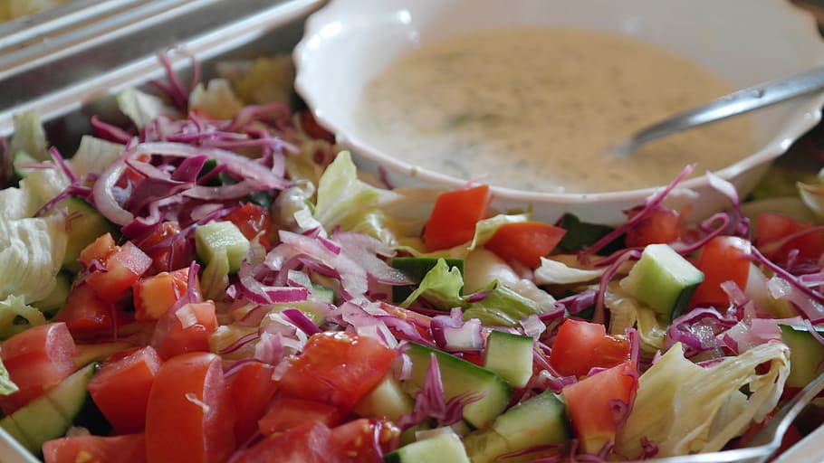 sliced vegetable salad near white ceramic bolw, mixed, buffet HD wallpaper