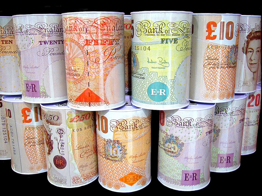banknote-themed container lot, Money, Boxes, Savings, United Kingdom, HD wallpaper