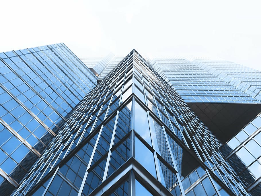 worm eye view of high-rise building, glass, daytime, buildings, HD wallpaper